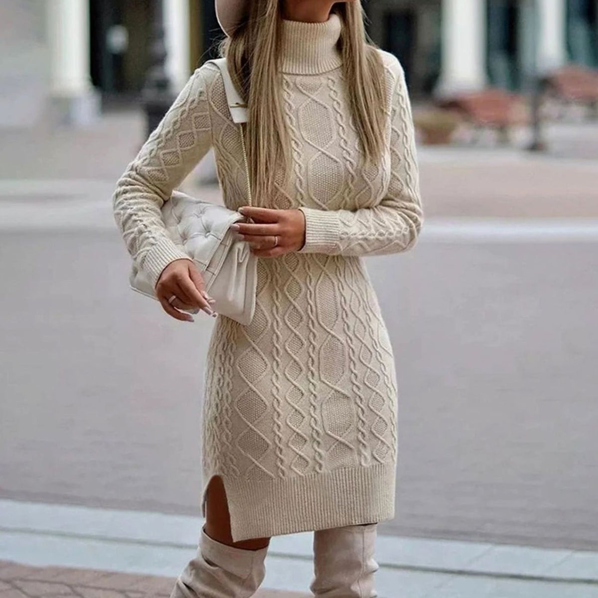 Women's Cable Knit Long Sleeve Turtleneck Dress with Side Slit