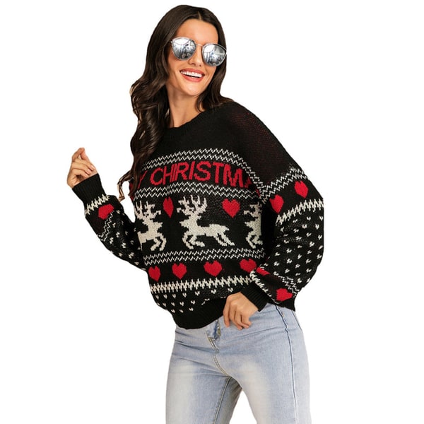 Women's Christmas Crewneck Sweater with Reindeer and Fair Isle Knit Pattern