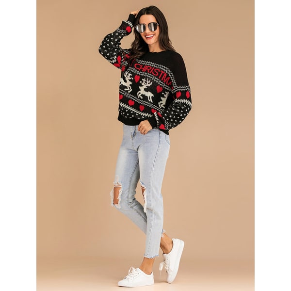 Women's Christmas Crewneck Sweater with Reindeer and Fair Isle Knit Pattern