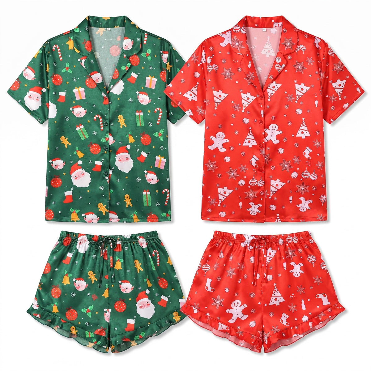 Women's Christmas Pajamas - Satin Set with Ruffles and Festive Print