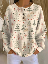 Women's Christmas Tree Print Ribbed Knit Button-Up Sweater