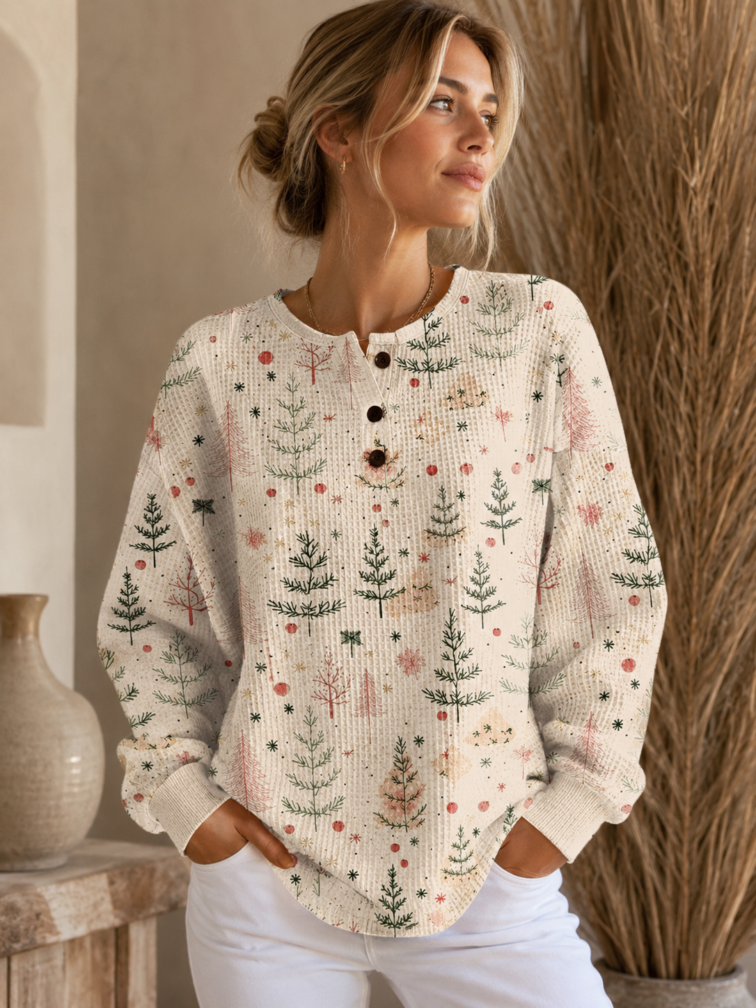 Women's Christmas Tree Print Ribbed Knit Button-Up Sweater