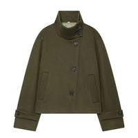 Women's Cropped Wool Coat with High Stand Collar, Button Cuffs and Pockets