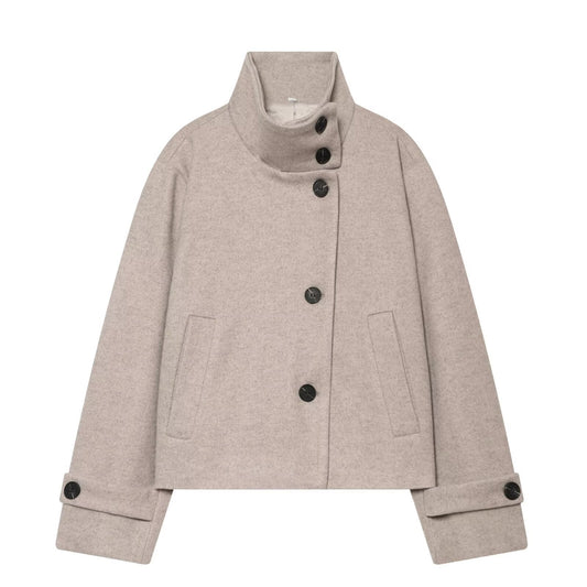 Women's Cropped Wool Coat with High Stand Collar, Button Cuffs and Pockets