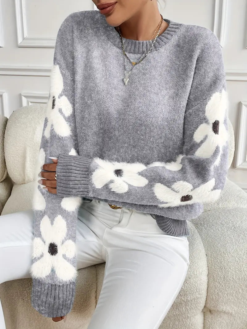Women's Daisy Print Relaxed Knit Sweater
