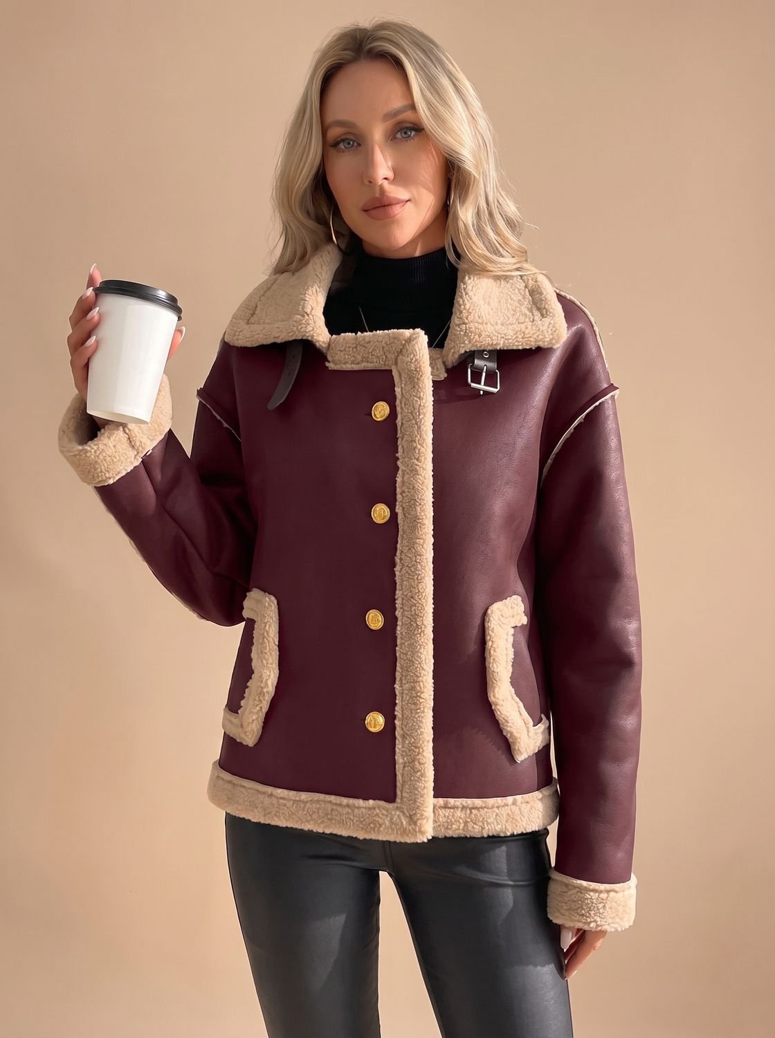 Women's Faux Leather Sherpa-Lined Button-Front Aviator Jacket