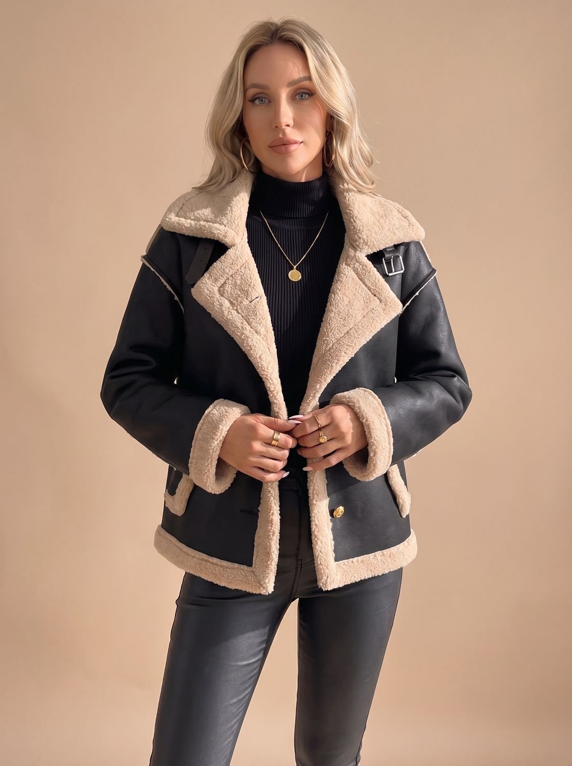 Women's Faux Leather Sherpa-Lined Button-Front Aviator Jacket