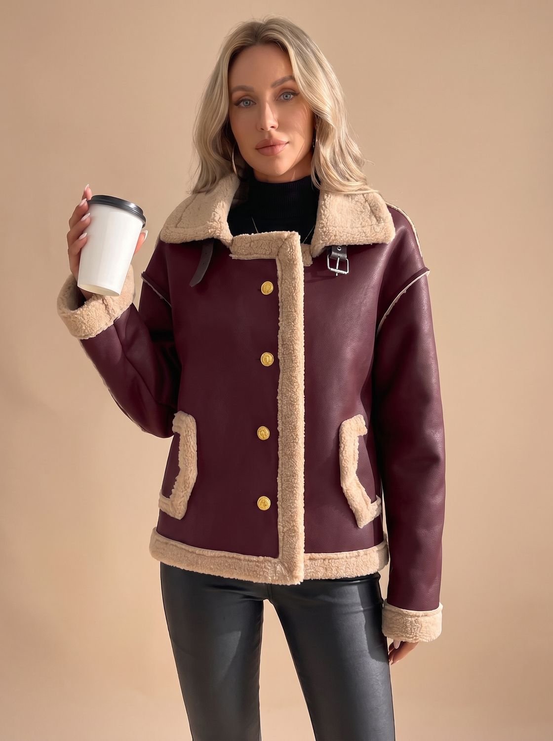 Women's Faux Leather Sherpa-Lined Button-Front Aviator Jacket