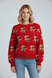 Women's Festive Jacquard Knit Sweater – Oversized Winter Pullover with Reindeer Pattern