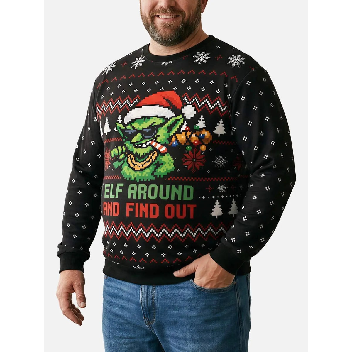 Women's Funny Ugly Christmas Crew Neck Sweater with Fair Isle and Goblin Graphic