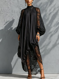 Women's High-Neck Black Maxi Dress with Lace Sleeves