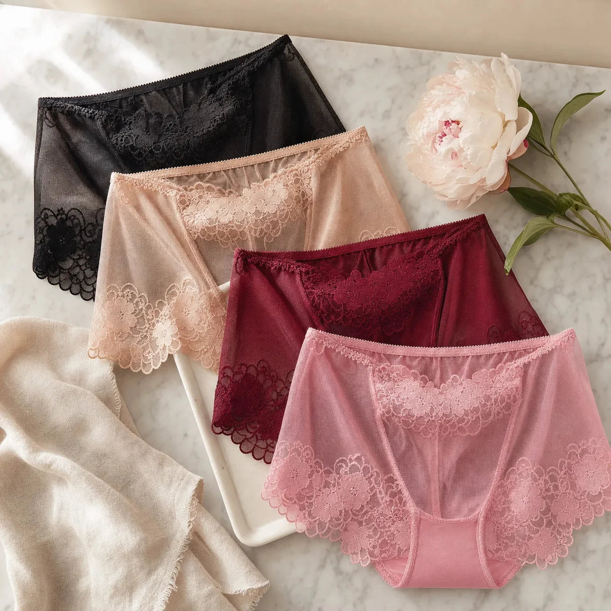 Women's High-Waisted Lace Panties with Smoothing Tummy Control and Seamless Comfort