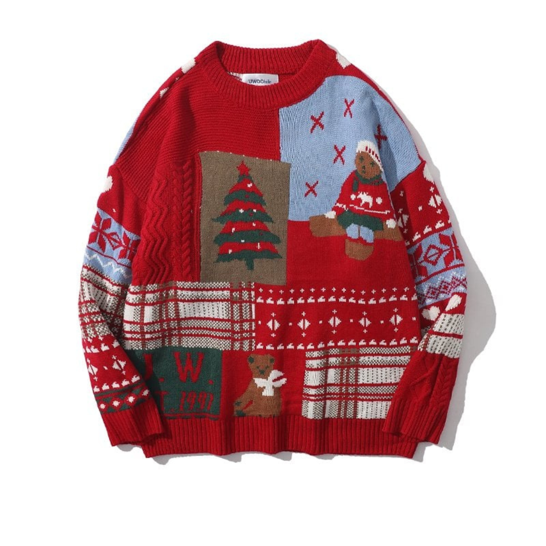Women's Knitted Christmas Sweater with Bear Pattern, Cozy Knit Jumper