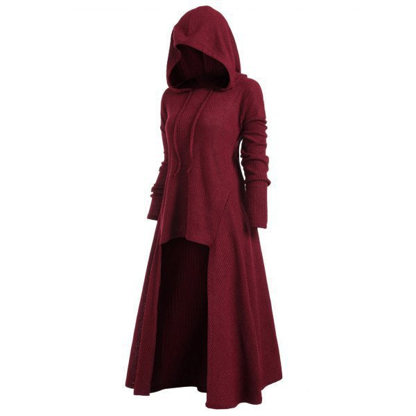 Women's Knitted Hooded Coat with Flared Maxi Skirt and Asymmetrical Hem