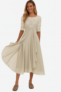 Women's Lace Chiffon Fit-and-Flare Midi Dress
