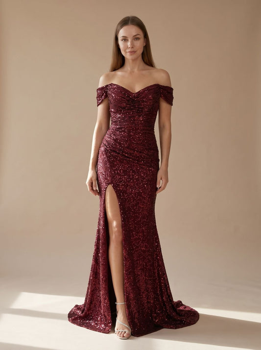 Women's Off-the-Shoulder Sequin Maxi Christmas Party Dress with Side Slit