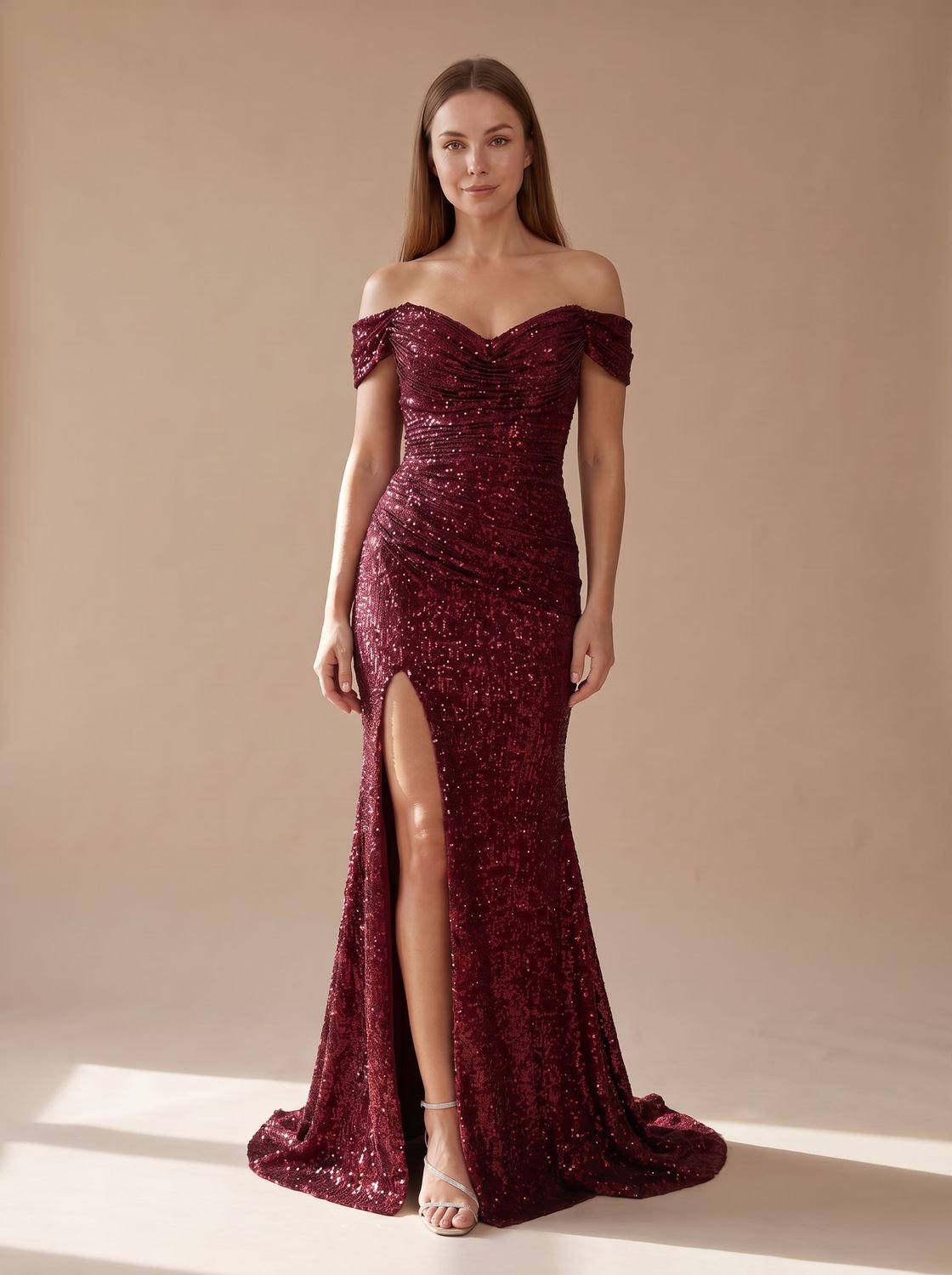 Women's Off-the-Shoulder Sequin Maxi Christmas Party Dress with Side Slit