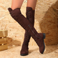 Women's Over-the-Knee Lace-Up Boots with Side Zipper and Textured Rubber Sole