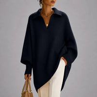 Women's Oversized Collared V-Neck Poncho Sweater with Long Sleeves