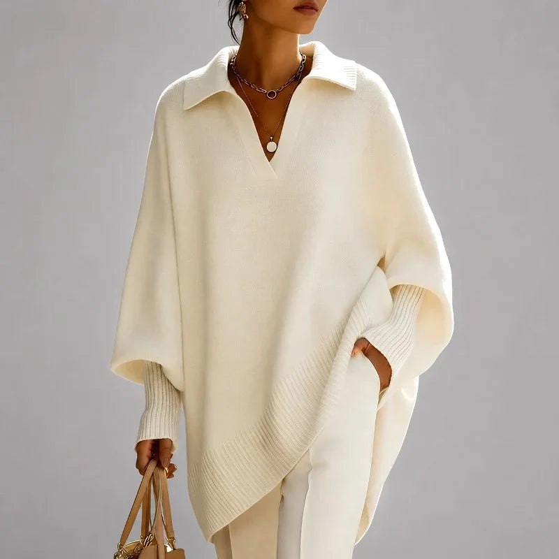 Women's Oversized Collared V-Neck Poncho Sweater with Long Sleeves