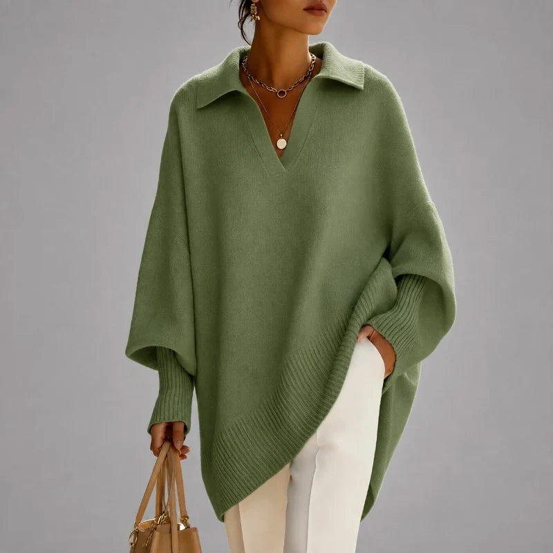 Women's Oversized Collared V-Neck Poncho Sweater with Long Sleeves