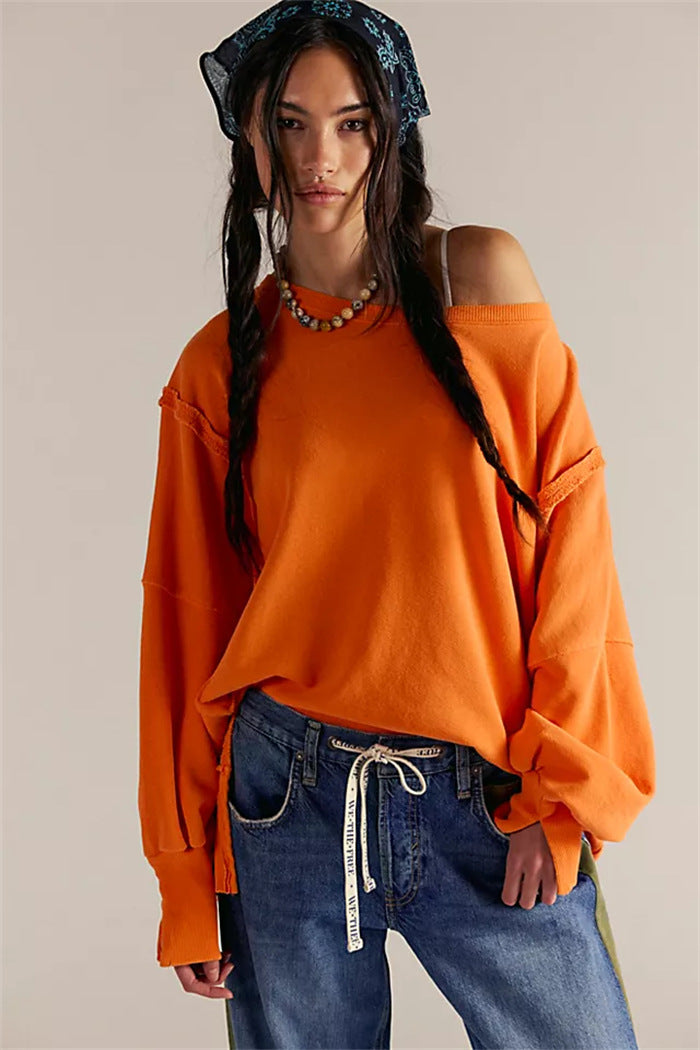 Women's Oversized Sweatshirt with Balloon Sleeves, Exposed Seams, and Side Slits
