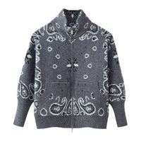 Women's Patterned Zip-Up Cardigan with Stand Collar and Pockets