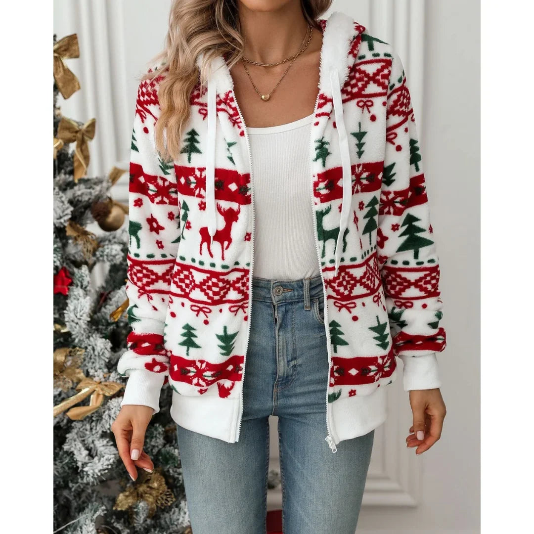 Women's Sherpa-Lined Christmas Print Zip-Up Hoodie