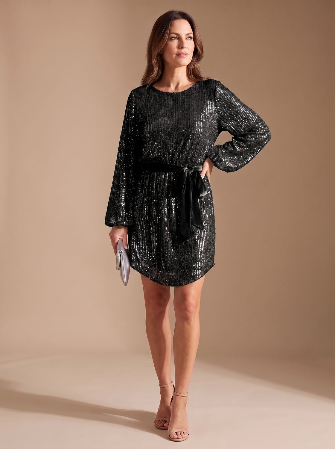 Women's Sparkly Sequin Balloon Sleeve Mini Christmas Party Dress with Belt