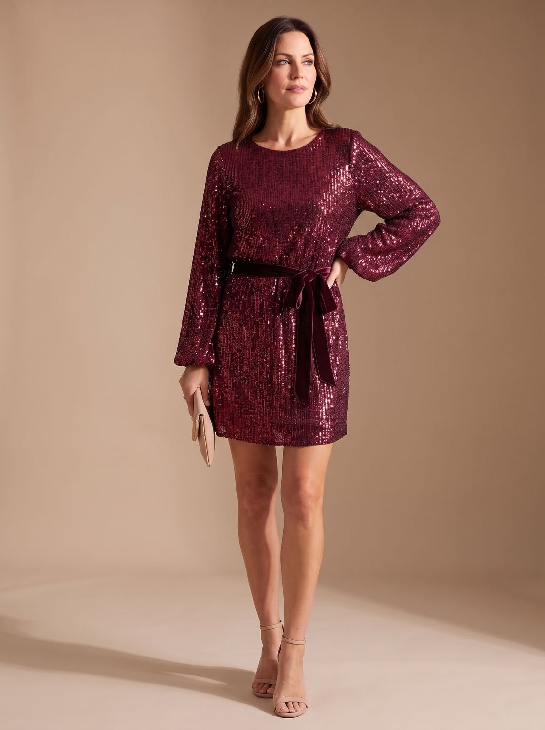 Women's Sparkly Sequin Balloon Sleeve Mini Christmas Party Dress with Belt