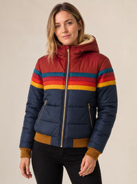 Women's Waterproof Hooded Puffer Jacket with Retro Stripe Color-Blocking
