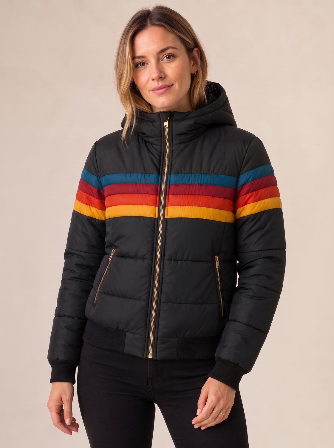 Women's Waterproof Hooded Puffer Jacket with Retro Stripe Color-Blocking