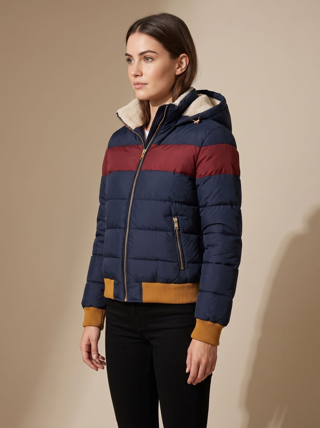 Women's Waterproof Hooded Puffer Jacket with Retro Stripe Color-Blocking