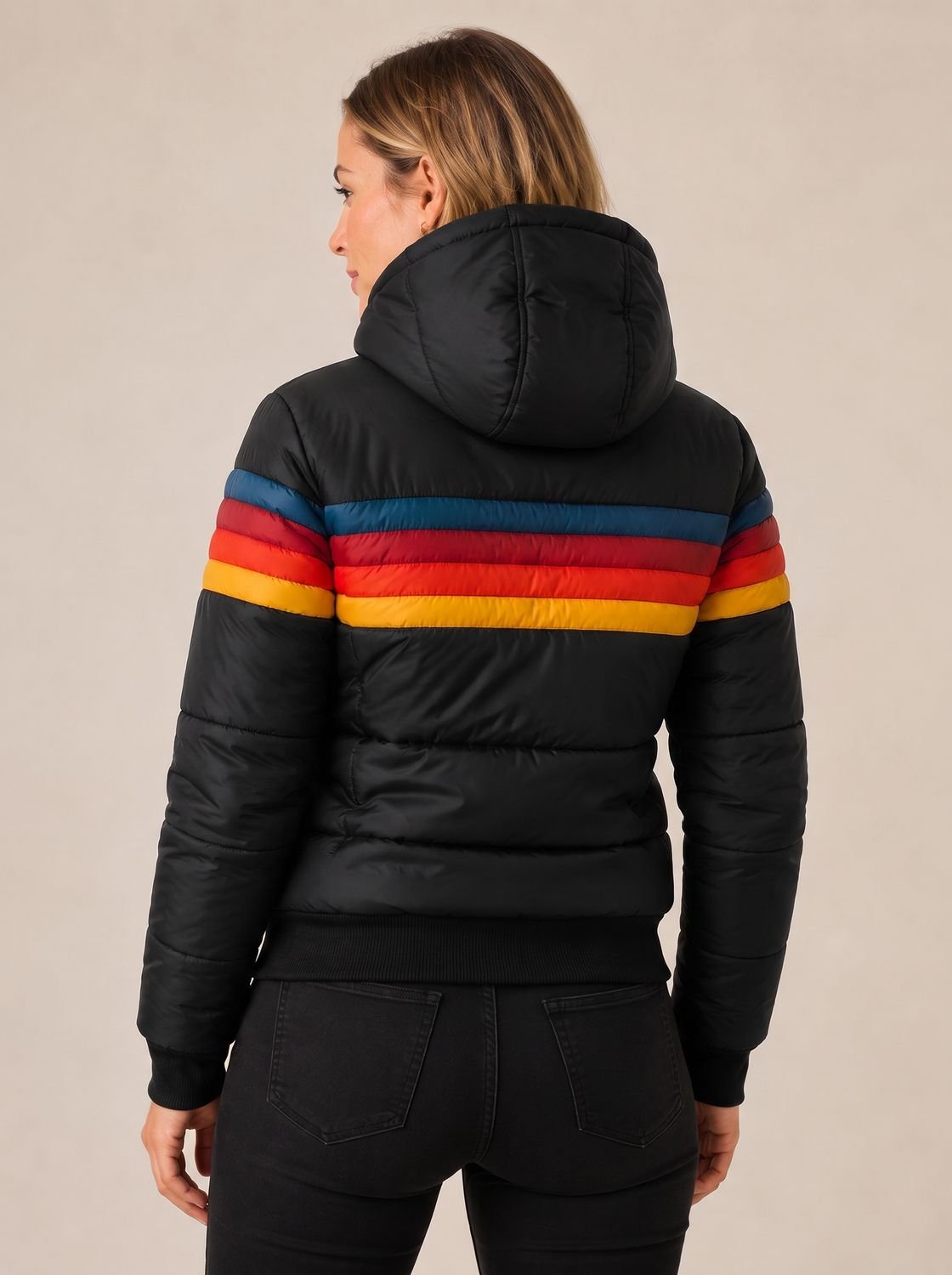 Women's Waterproof Hooded Puffer Jacket with Retro Stripe Color-Blocking