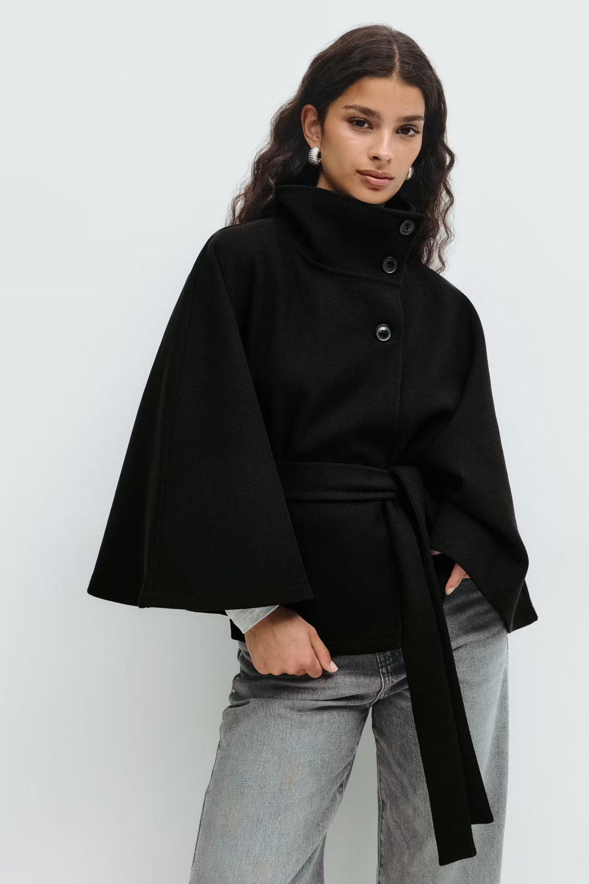 Women's Wool-Blend Cape Coat with High Collar, Tie Belt, and Button Closure for Autumn and Winter