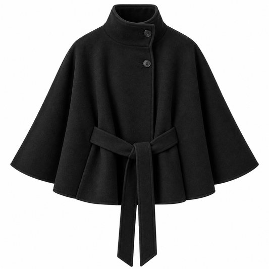 Women's Wool-Blend Cape Coat with High Collar, Tie Belt, and Button Closure for Autumn and Winter
