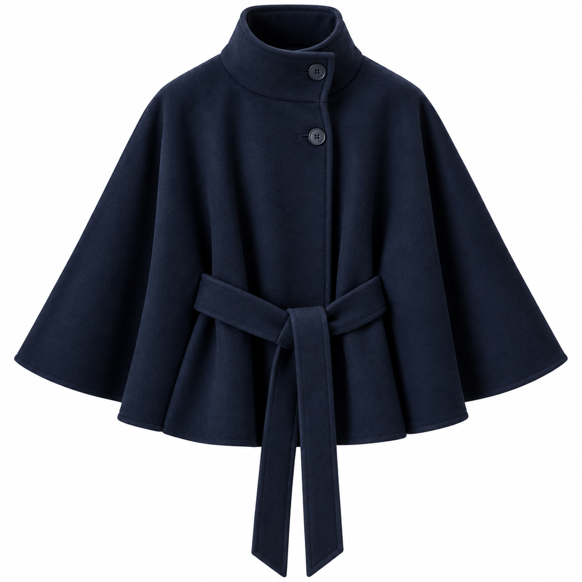 Women's Wool-Blend Cape Coat with High Collar, Tie Belt, and Button Closure for Autumn and Winter