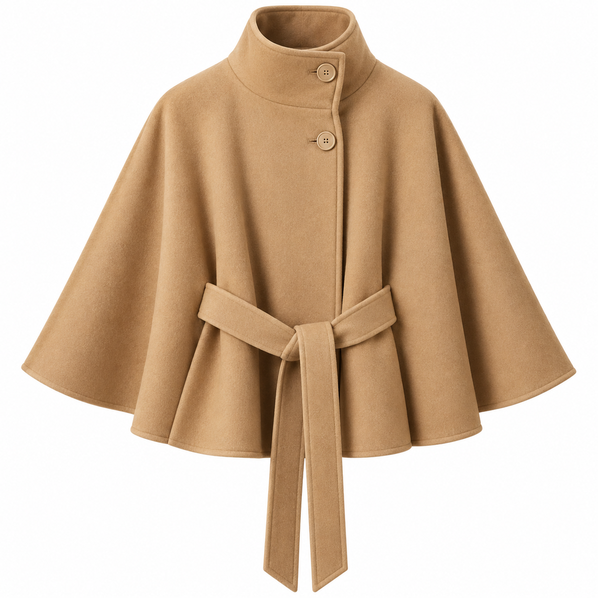 Women's Wool-Blend Cape Coat with High Collar, Tie Belt, and Button Closure for Autumn and Winter