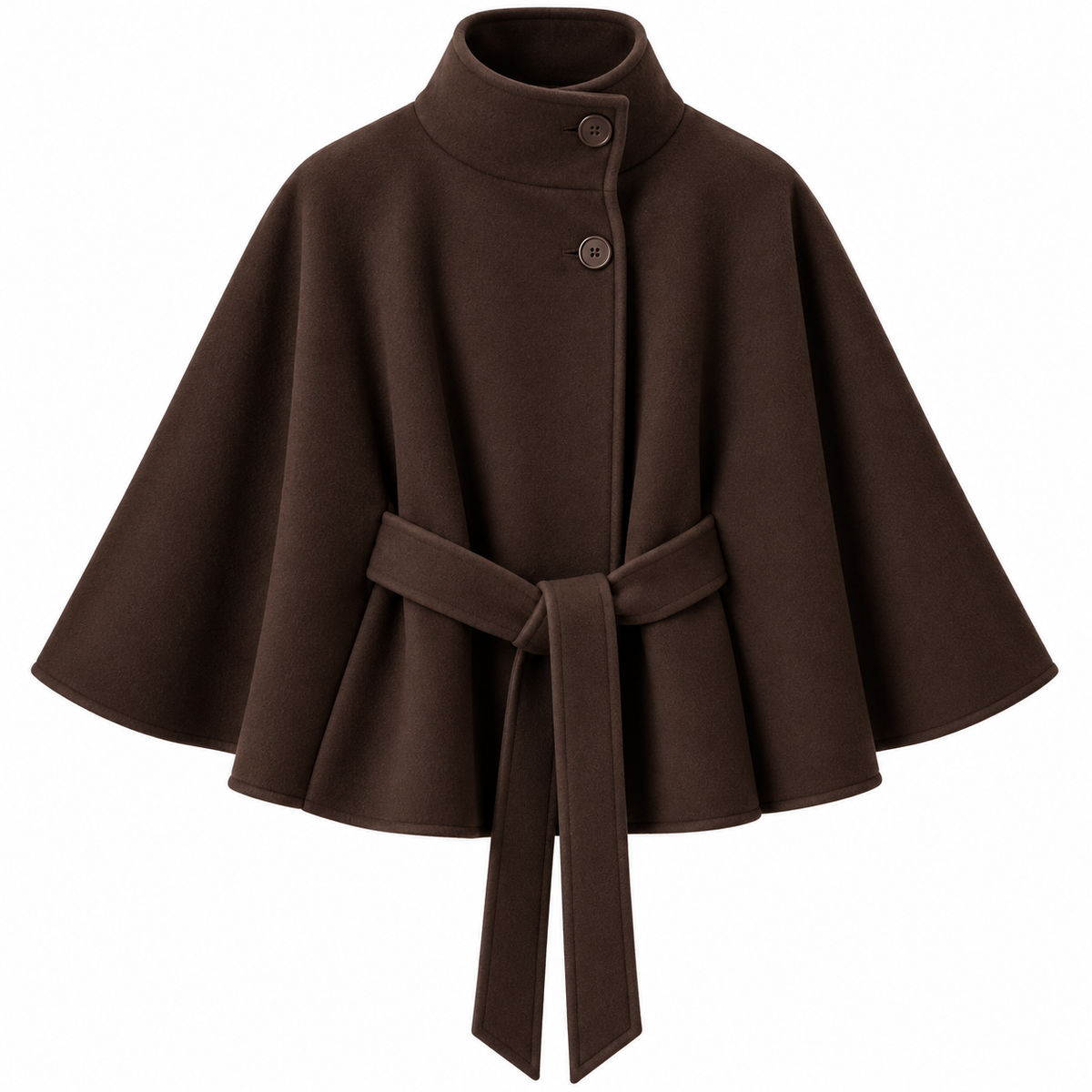 Women's Wool-Blend Cape Coat with High Collar, Tie Belt, and Button Closure for Autumn and Winter