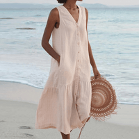 Linen Button Down A Line Midi Beach Dress
