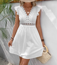 Cute White Lace A Line Puff Sleeve Mini Dress