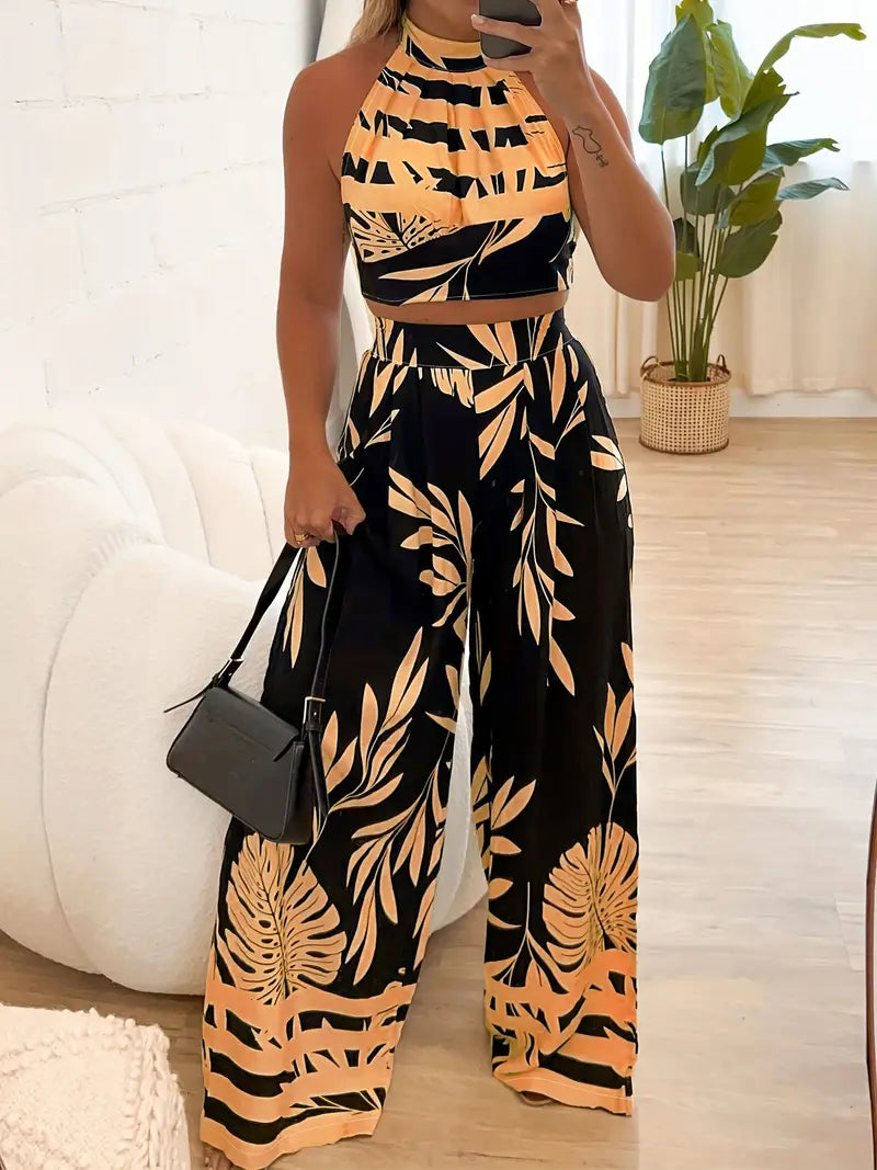 Image of Women's Halter Top Wide Leg Pant Set