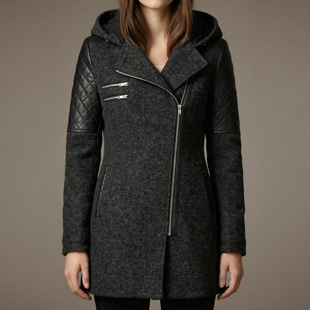 Image of Women's Hooded Asymmetrical Moto Jacket