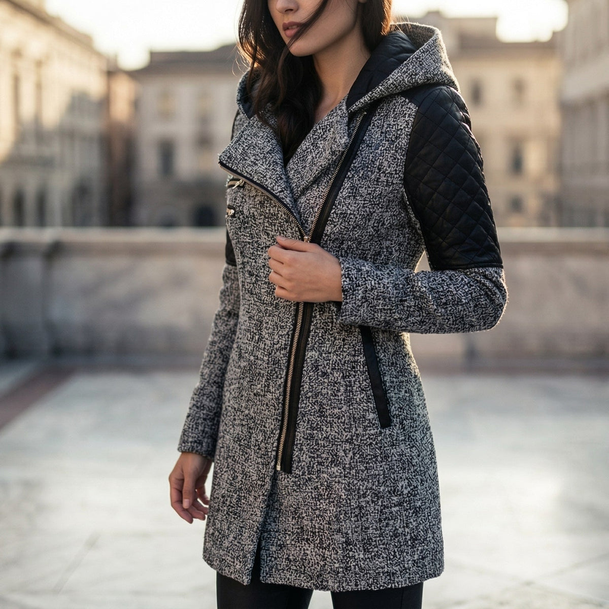 Image of Women's Hooded Asymmetrical Moto Jacket