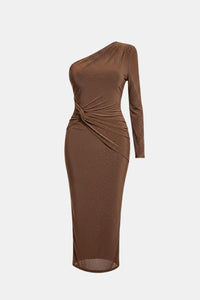 Elegant One Shoulder Long Sleeve Midi Dress