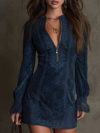 Women's Denim A Line Mini Dress with Long Sleeves and Lace Trim
