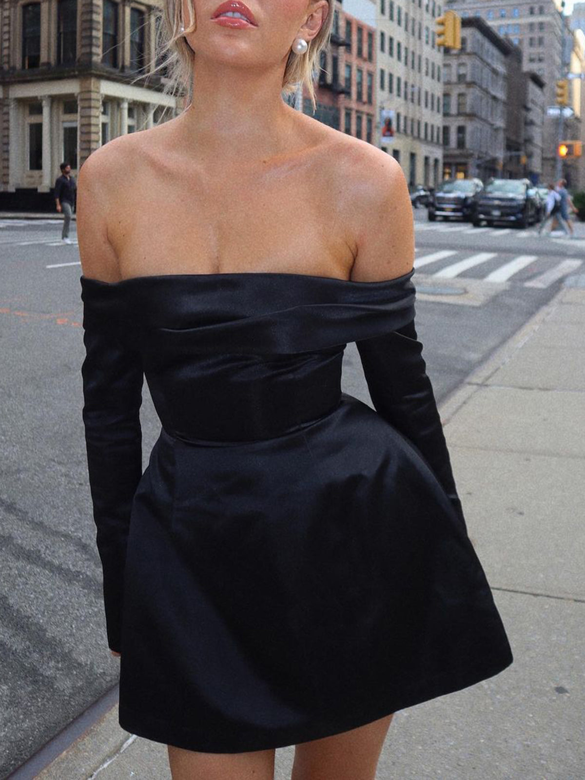 Image of Women's Long Sleeve Off-Shoulder A-Line Mini Dress