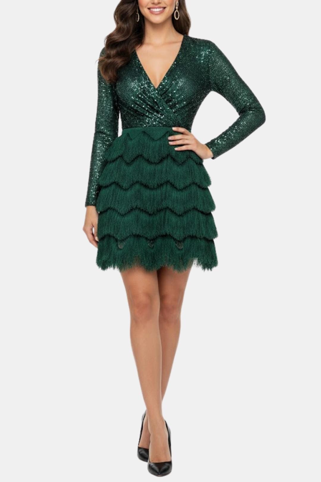 Image of Women's Long Sleeve Sequin Cocktail Mini Dress
