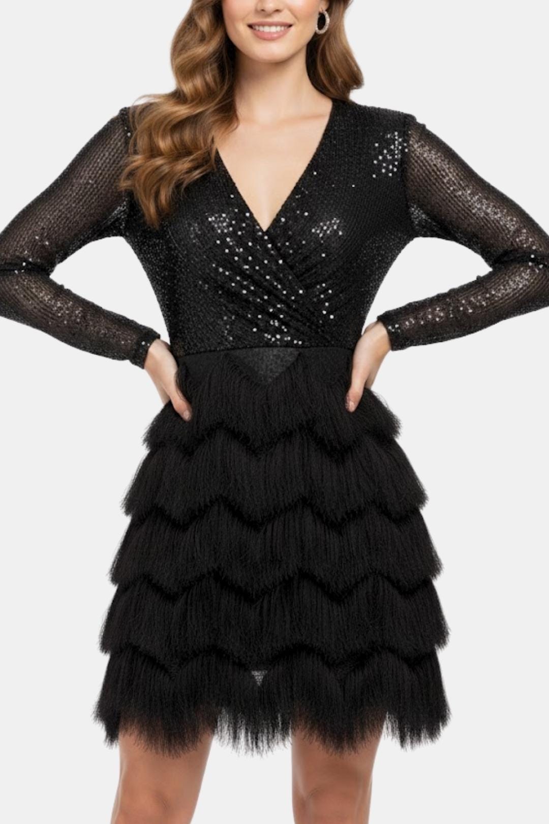 Image of Women's Long Sleeve Sequin Cocktail Mini Dress