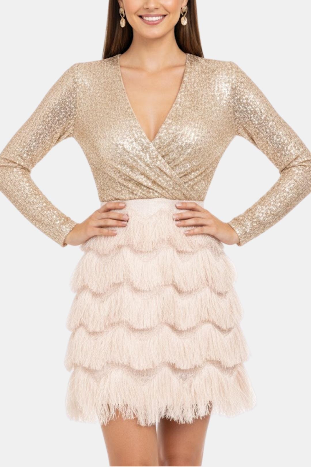 Image of Women's Long Sleeve Sequin Cocktail Mini Dress